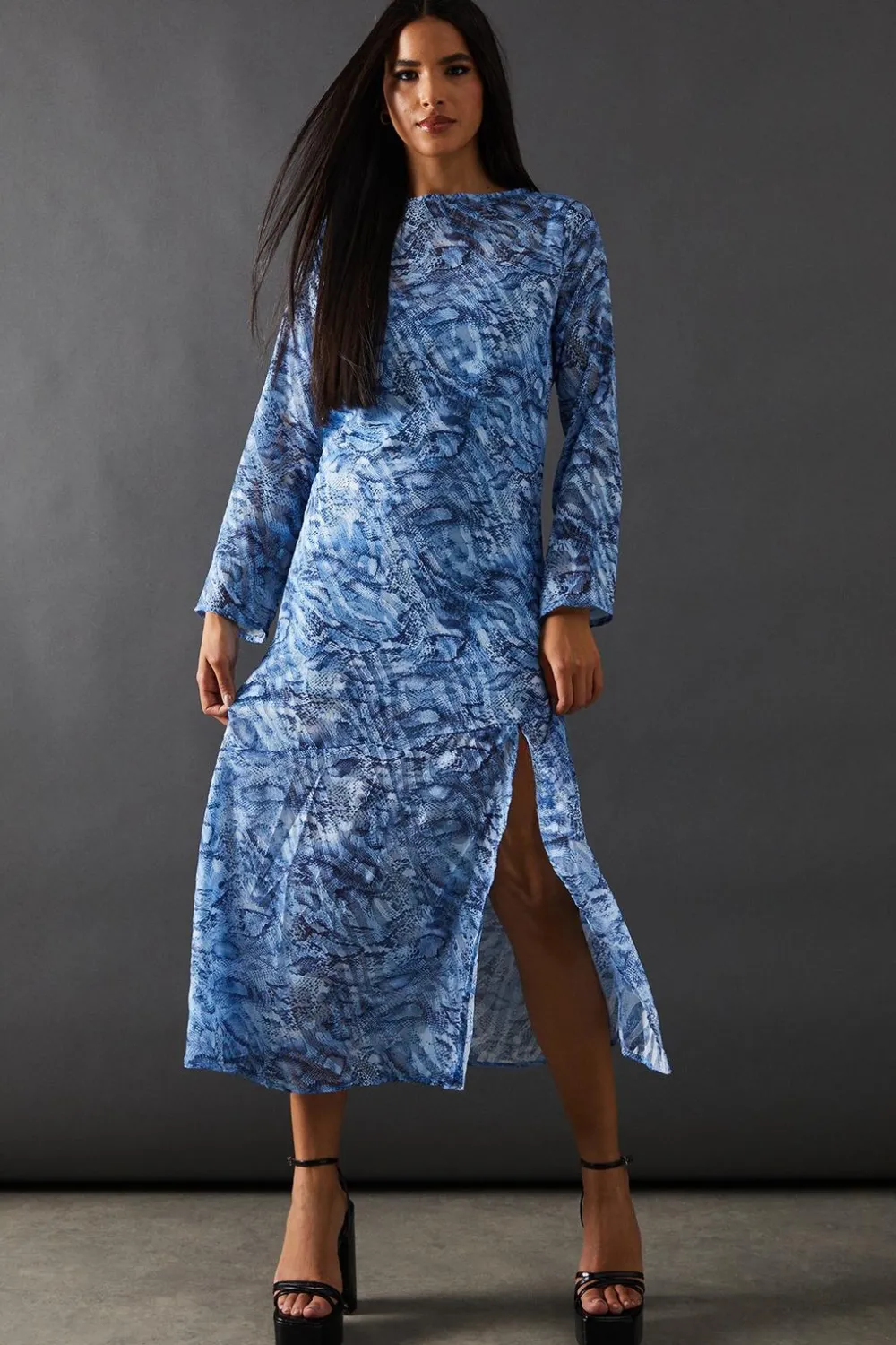 Animal Print|Dresses^Nasty Gal Petite Burnout Snake Chiffon Column Long Sleeve Maxi Dress |