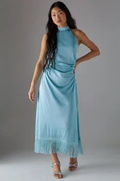 Fringing^Nasty Gal Petite Crinkle Satin Halter Fringe Midi Dress |