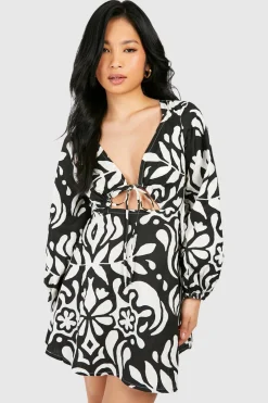 Dresses^Nasty Gal Petite Mono Printed Linen Look Mini Dress |