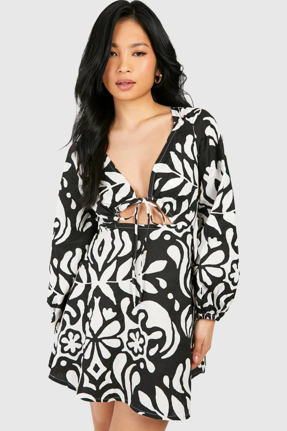 Dresses^Nasty Gal Petite Mono Printed Linen Look Mini Dress |