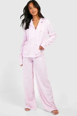 Stripes|Sleepwear^Nasty Gal Petite Pinstripe Heart Print Long Sleeve Shirt & Trousers Pyjama Set |