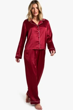 Sleepwear^Nasty Gal Petite Satin Piping Detail Long Sleeve Shirt & Trousers Pyjama Set |