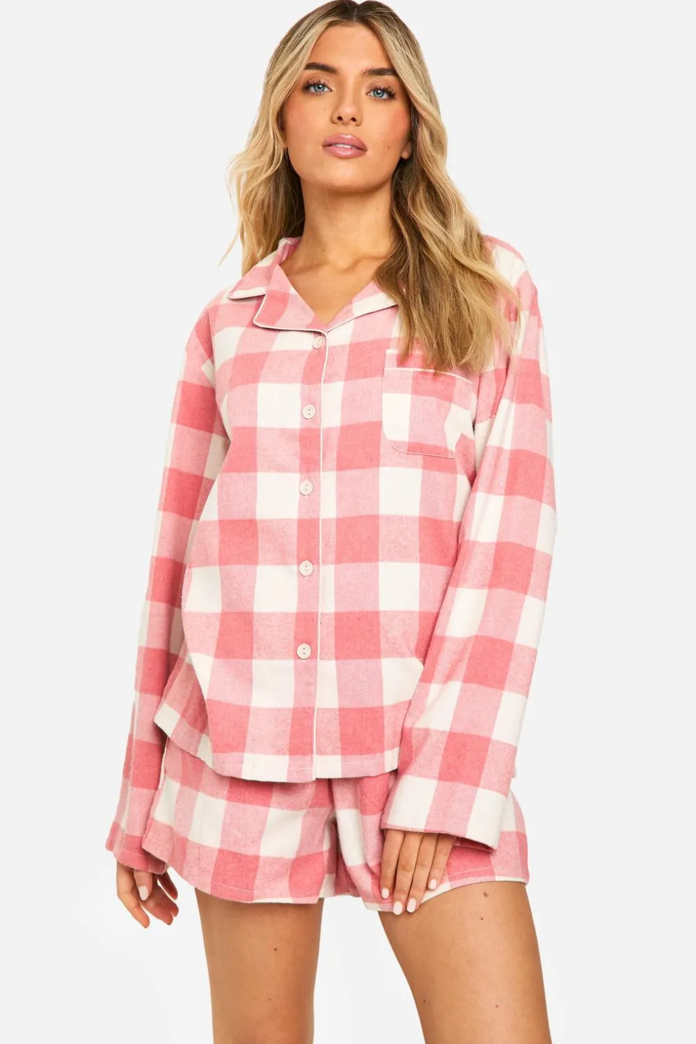 Sleepwear^Nasty Gal Pink Check Flannel Long Sleeve Shirt & Shorts Pyjama Set |