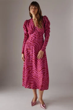 Animal Print|Dresses^Nasty Gal Pink Zebra Print Viscose V Neck Long Puff Sleeve Midi |