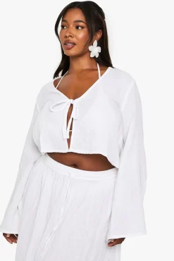 Tops^Nasty Gal Plus Cheesecloth Long Sleeve Tie Front Top |