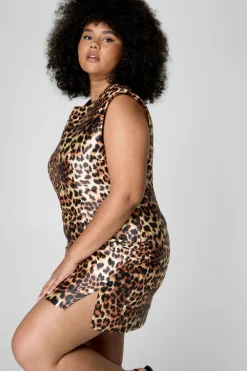 Animal Print|Mini Dresses^Nasty Gal Plus Leopard Structured Satin Shoulder Pad Side Split Mini Dress |