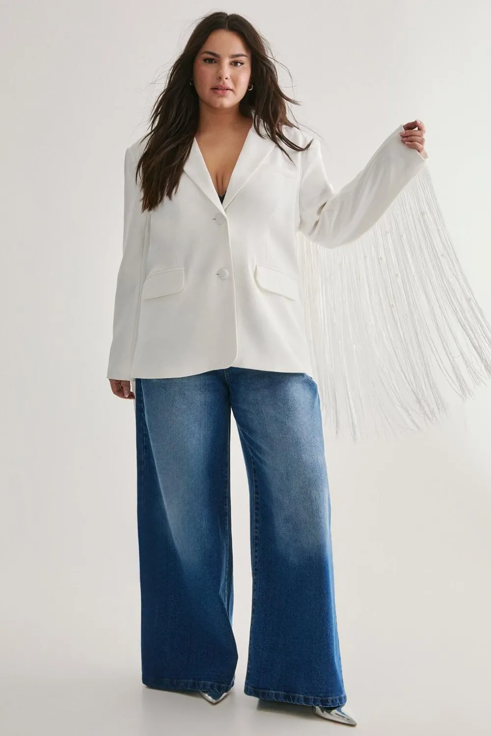 Fringing|White Outfits^Nasty Gal Plus Premium Pearl Trim Fringe Blazer |