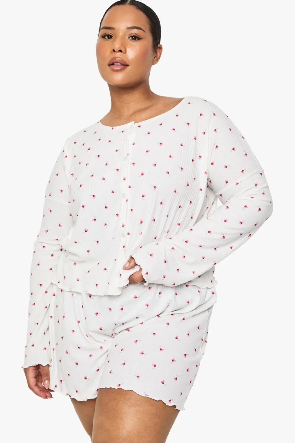 Sleepwear^Nasty Gal PLUS RIB FLORAL BUTTON DOWN TOP & SHORT PJ SET |
