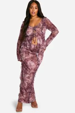 Animal Print|Two Piece Sets^Nasty Gal Plus Snake Print Mesh Ruffle Top & Maxi Skirt Co Ord |