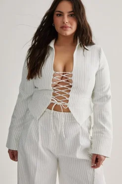 Stripes|White Outfits^Nasty Gal Plus Tailored Lace Front Pinstripe Jacket |