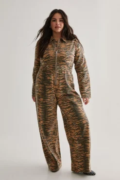 Animal Print|Rompers^Nasty Gal Plus Tiger Print Denim Jumpsuit |