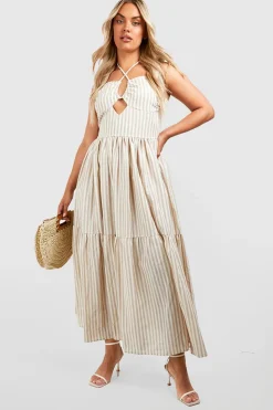 Stripes|Dresses^Nasty Gal Plus Woven Halterneck Stripe Maxi Dress |