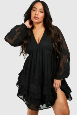 Dresses^Nasty Gal Plus Woven Jaquard Ruffle Hem Long Sleeve Mini Dress |