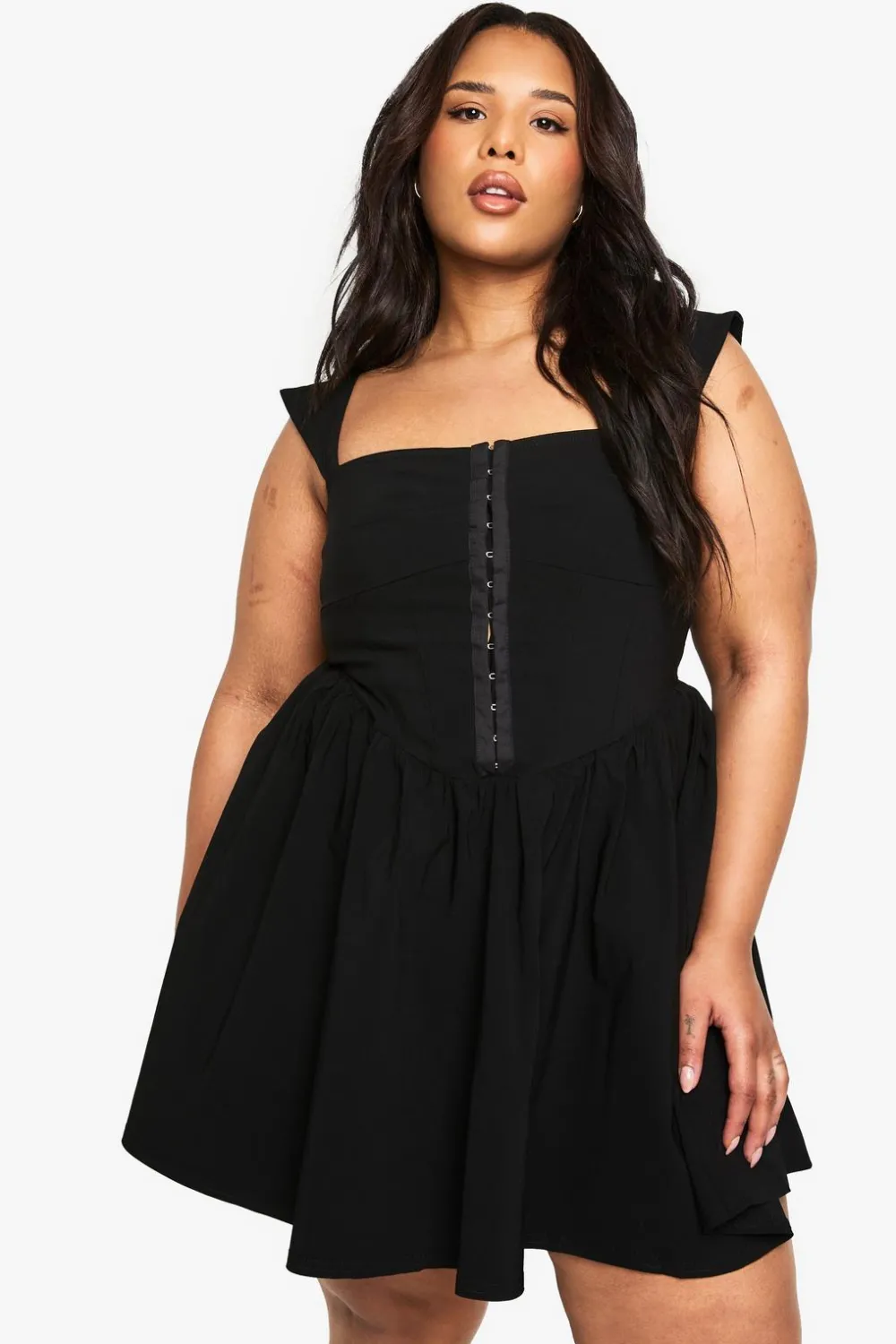 Dresses^Nasty Gal Plus Woven Stretch Corset Detail Short Sleeve Floaty Mini Dress |