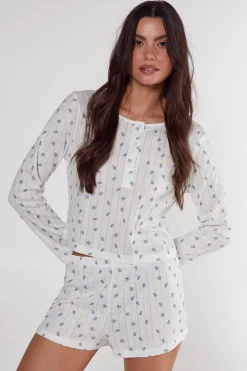 Sleepwear^Nasty Gal Pointelle Ditsy Floral Long Sleeve Top and Short Pajama Set |
