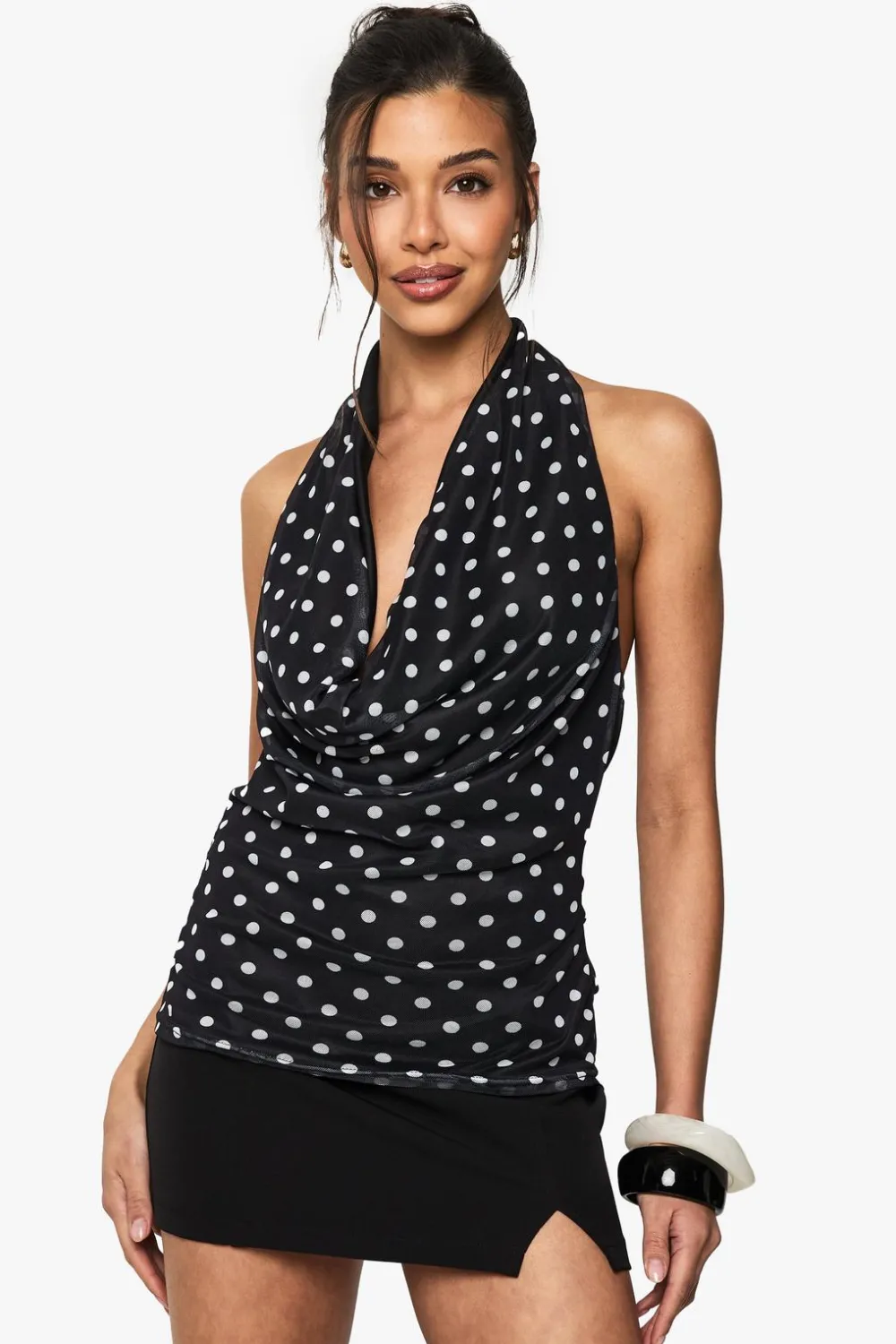 Tops^Nasty Gal Polka Dot Mesh Halter Neck Cowl Top |