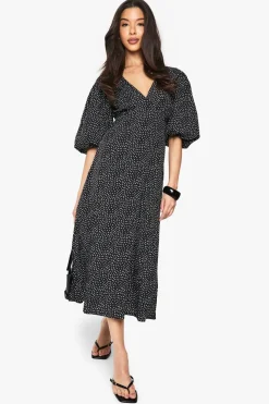 Dresses^Nasty Gal Polka Dot Puff Sleeve Tie Back Midi Dress |