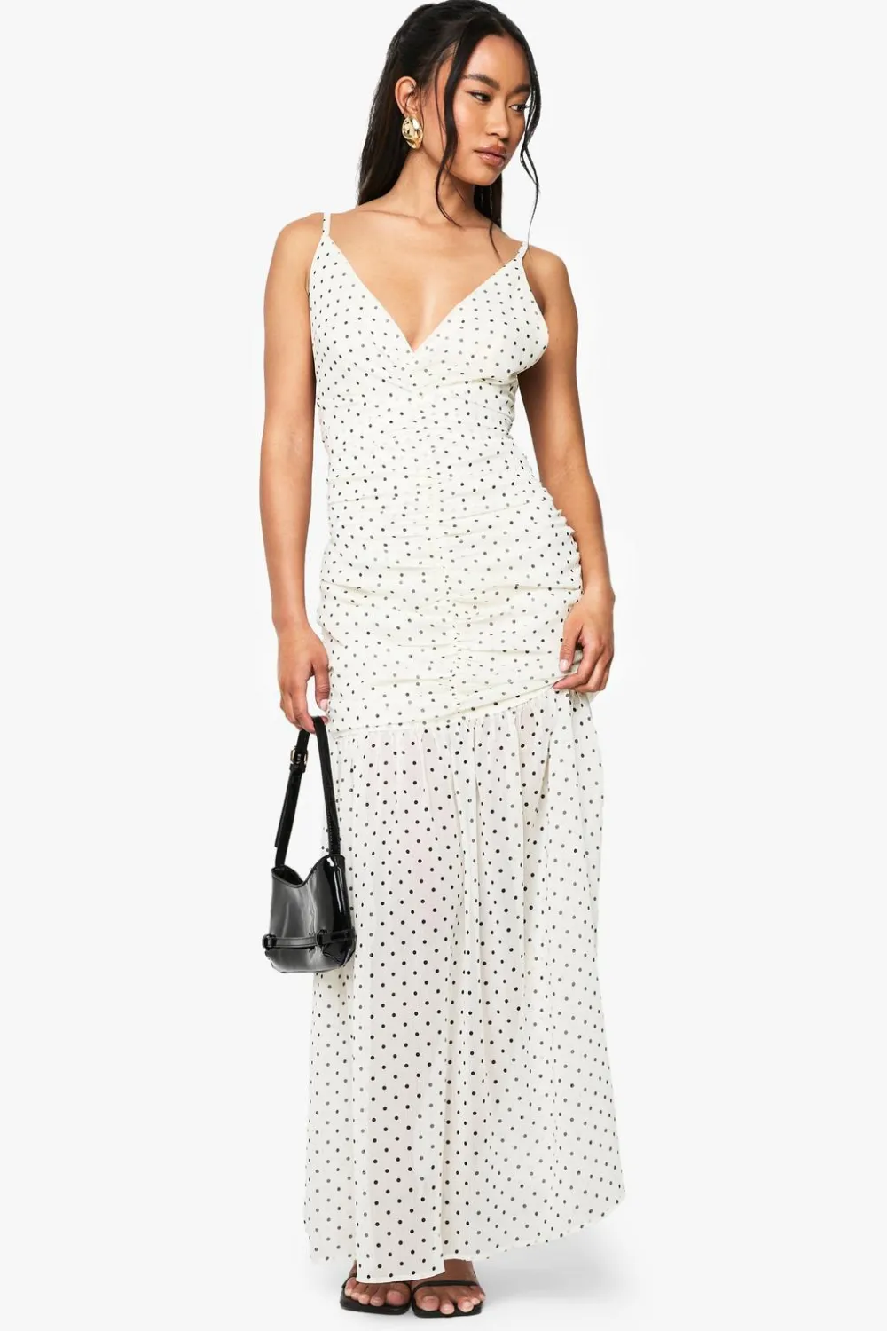 Dresses^Nasty Gal Polka Dot Ruched Plunge Maxi Dress |