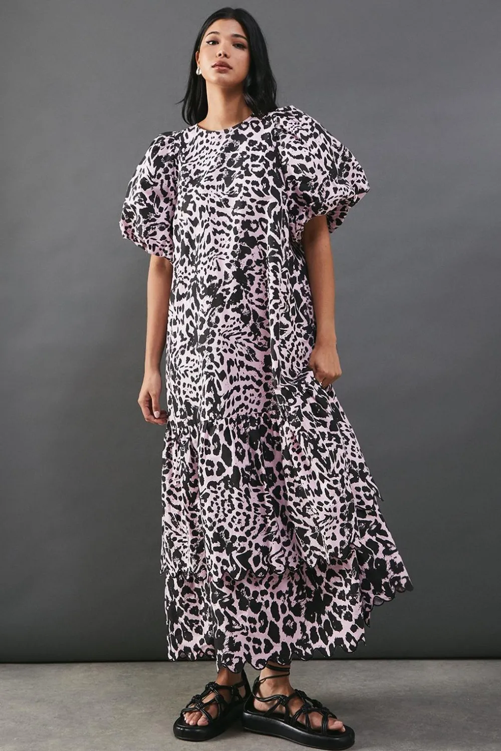 Animal Print|Dresses^Nasty Gal Poplin Leopard Print Volume Sleeve Scallop Detail Smock Dress |