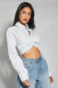 Shirts|Shirts^Nasty Gal Poplin Twist Front Cropped Shirt |