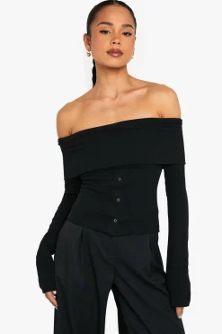 Tops^Nasty Gal Popper Detail Off The Shoulder Long Sleeve Top |