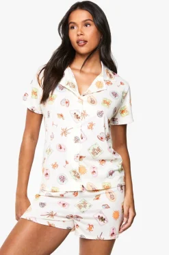 Sleepwear^Nasty Gal Postcard Print Short Sleeve Shirt & Shorts Pyjama Set |