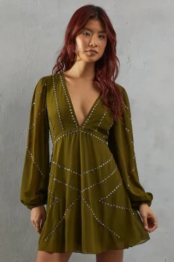 Sequin Outfits|Dresses^Nasty Gal Premium Chiffon Embellished Sequin Plunge Neck Mini Dress |