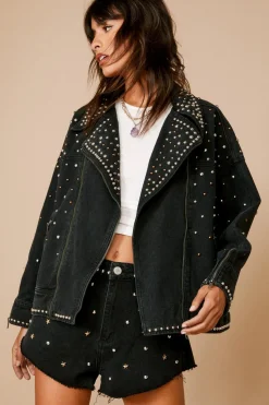 Concert Outfits|Cowgirl^Nasty Gal Premium Embellished Studded Denim Moto Jacket |
