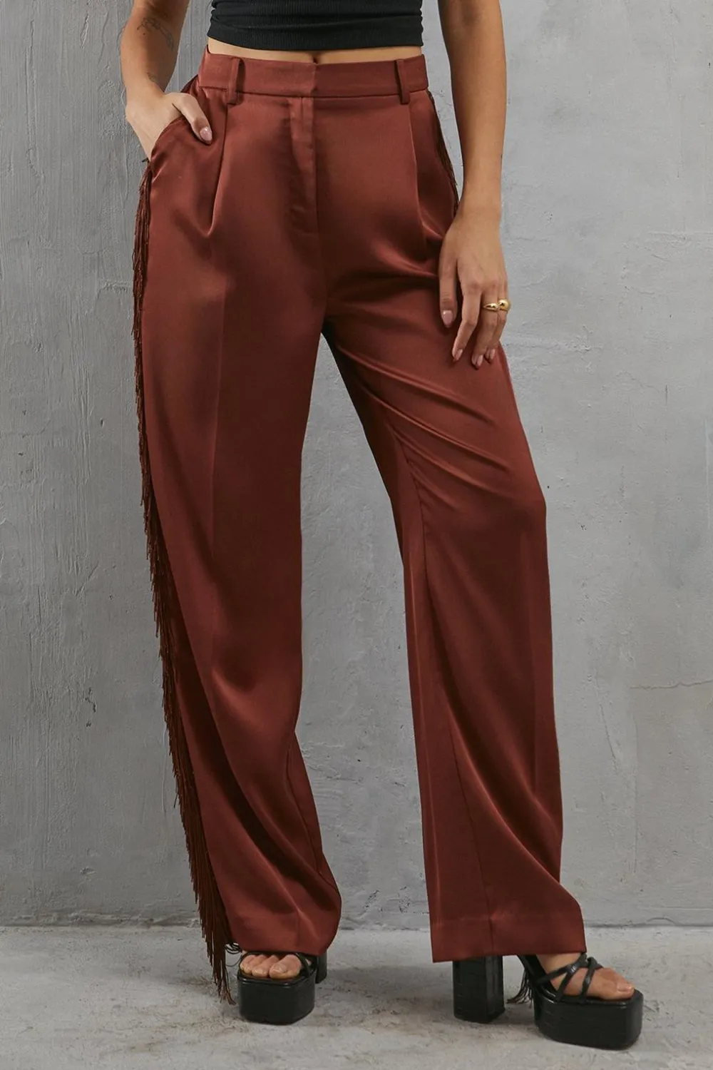 Fringing|Pants^Nasty Gal Premium Fringe Side Straight Leg Trouser |