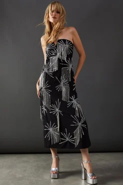 Sequin Outfits|Fringing^Nasty Gal Premium Hand Embellished Sequin Bandeau Fringe Starburst Midi Dress |