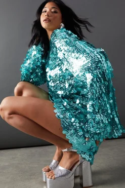 Sequin Outfits|Dresses^Nasty Gal Premium Holographic Sequin Slash Neck Mini Dress |