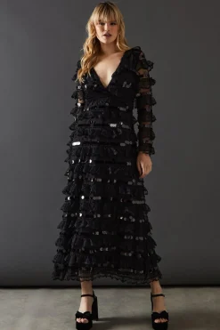 Sequin Outfits|Dresses^Nasty Gal Premium Lace Sequin Frill Tier Plunge Neck Maxi Dress |