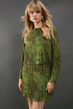 Fringing|Dresses^Nasty Gal Premium Print Fringe Embellishment Batwing Mini Dress |