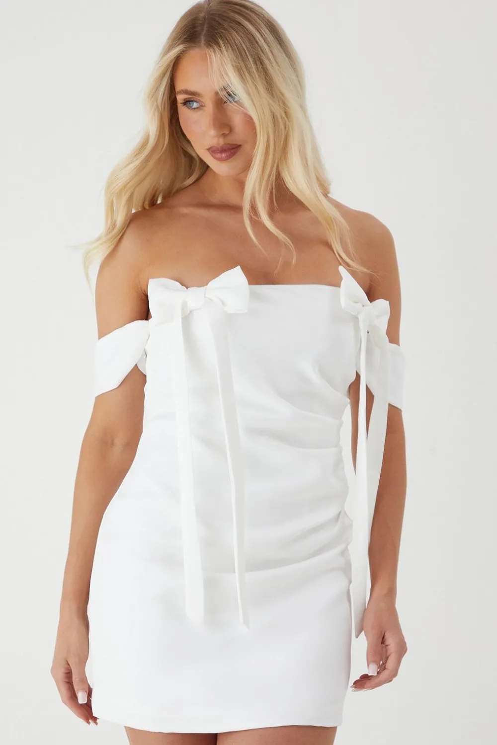 Dresses^Nasty Gal Premium Satin Bardot Bow Detail Bodycon Mini Dress |