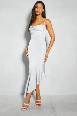 Dresses^Nasty Gal Premium Satin Draped Bust Frill Hem Midi Dress |