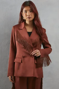 Fringing|Blazers^Nasty Gal Premium Satin Fringe Double Breasted Blazer |