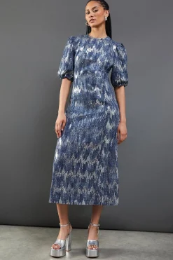 Sequin Outfits|Dresses^Nasty Gal Premium Sequin Denim Fitted Puff Sleeve Midi Dress |