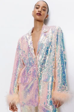 Sequin Outfits|Concert Outfits^Nasty Gal Premium Sequin Feather Trim Blazer |