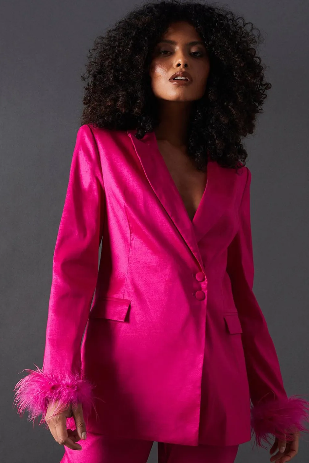 Blazers|Blazers^Nasty Gal Premium Taffeta Feather Cuff Blazer |