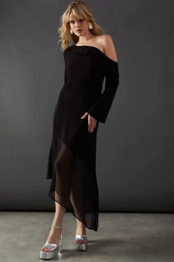 Dresses^Nasty Gal Premium Viscose Fallen Shoulder Chiffon Hem Midi Dress |