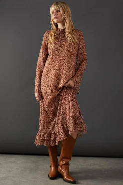 Dresses^Nasty Gal Print Chiffon Ruffle Tie Neck Midi Dress |