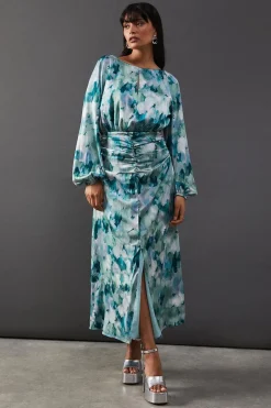 Dresses^Nasty Gal Print Satin Ruched Front Midi Dress |