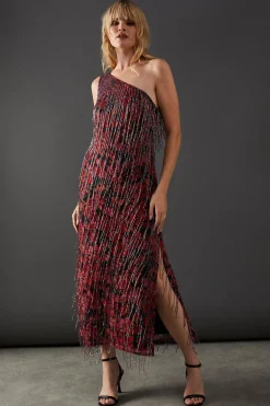 Sequin Outfits|Fringing^Nasty Gal Print Sequin Fringe Embellished One Shoulder Midi Dress |