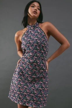 Sequin Outfits|Dresses^Nasty Gal Print Sequin Lace High Neck Halter Mini Dress |