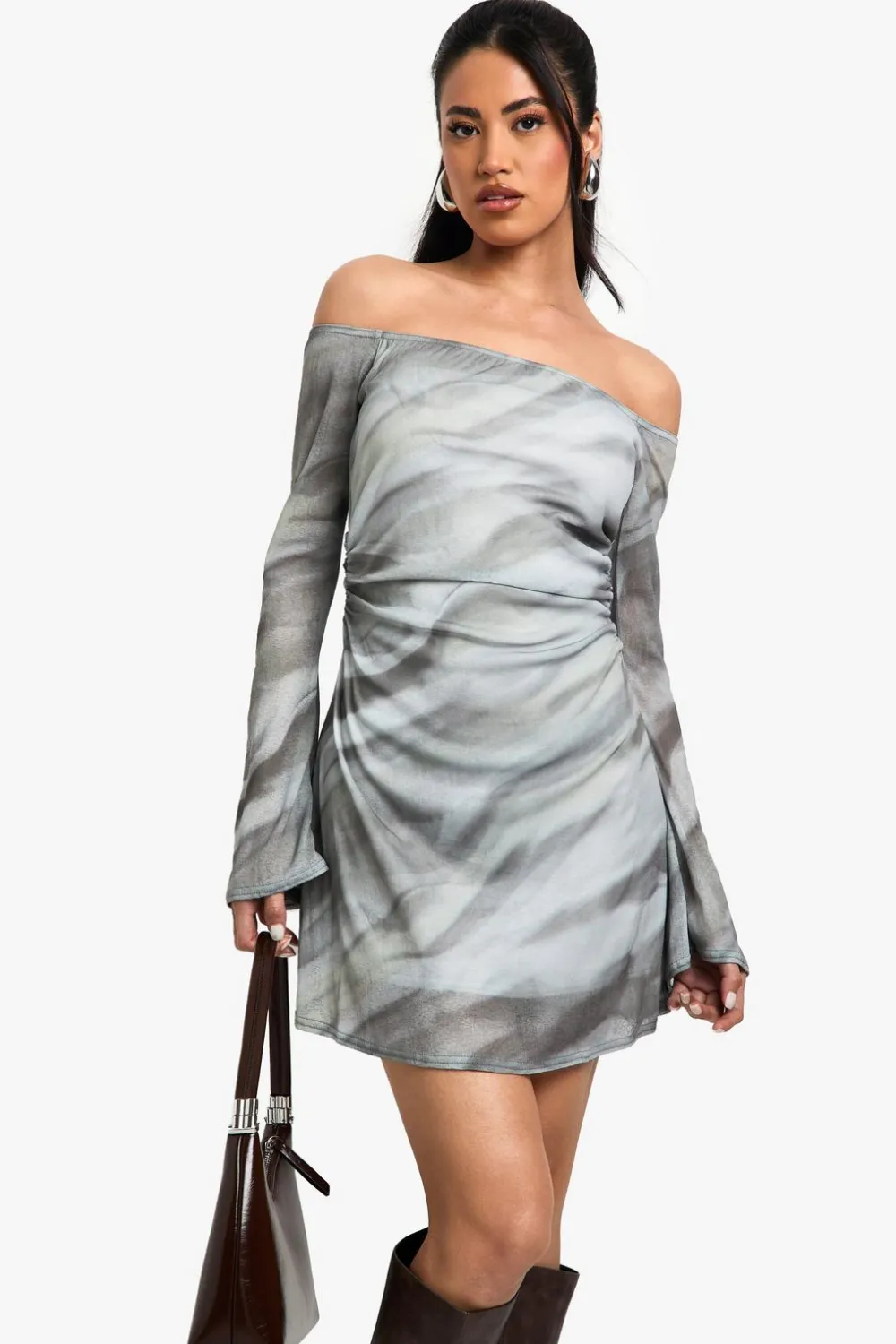 Dresses^Nasty Gal Printed Bardot Ruched Mini Dress |