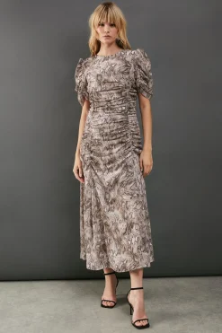 Dresses^Nasty Gal Printed Chiffon Puff Sleeve Seam Detail Midi Dress |