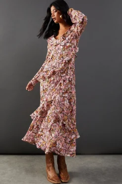 Dresses^Nasty Gal Printed Chiffon Ruffle Seam V Neck Midi Dress |