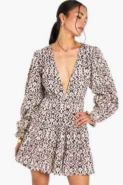 Dresses^Nasty Gal Printed Linen Look Plunge Long Sleeve Mini Dress |