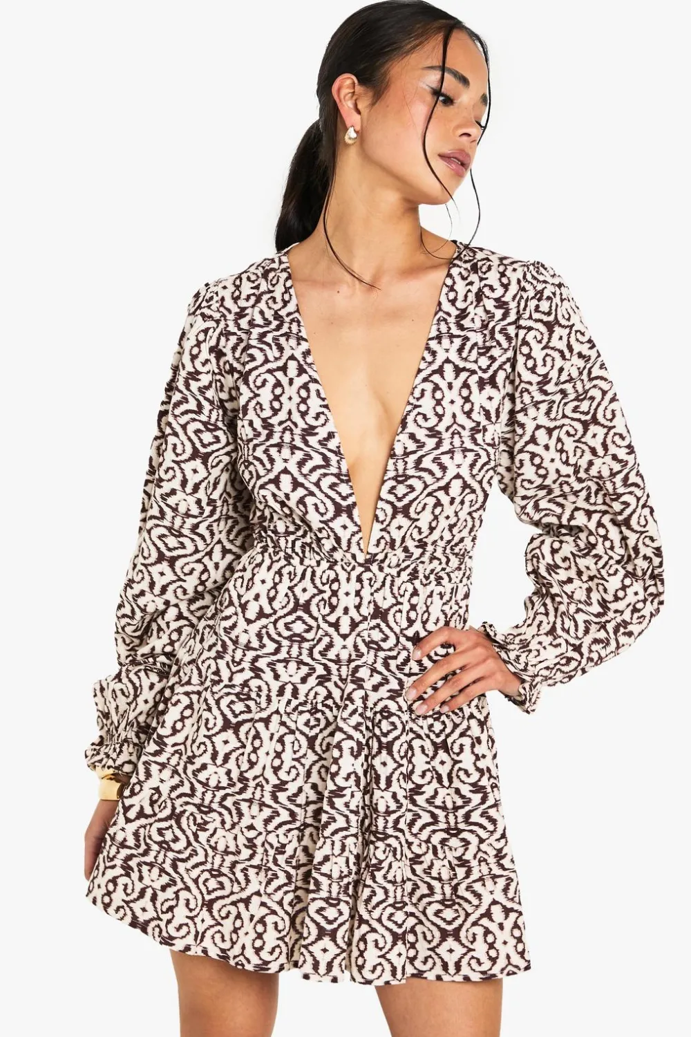 Dresses^Nasty Gal Printed Linen Look Plunge Long Sleeve Mini Dress |