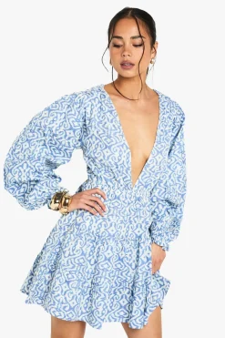 Dresses^Nasty Gal Printed Linen Look Plunge Long Sleeve Mini Dress |